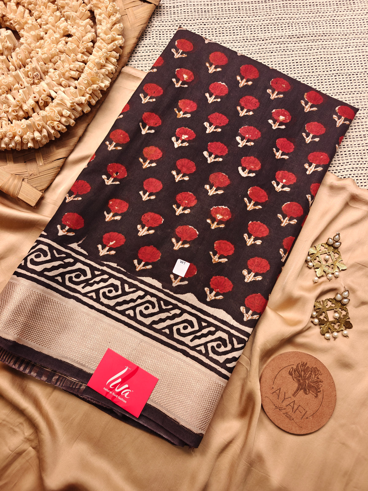 Black Bagru Handblock Printed Maheshwari LIVA Saree