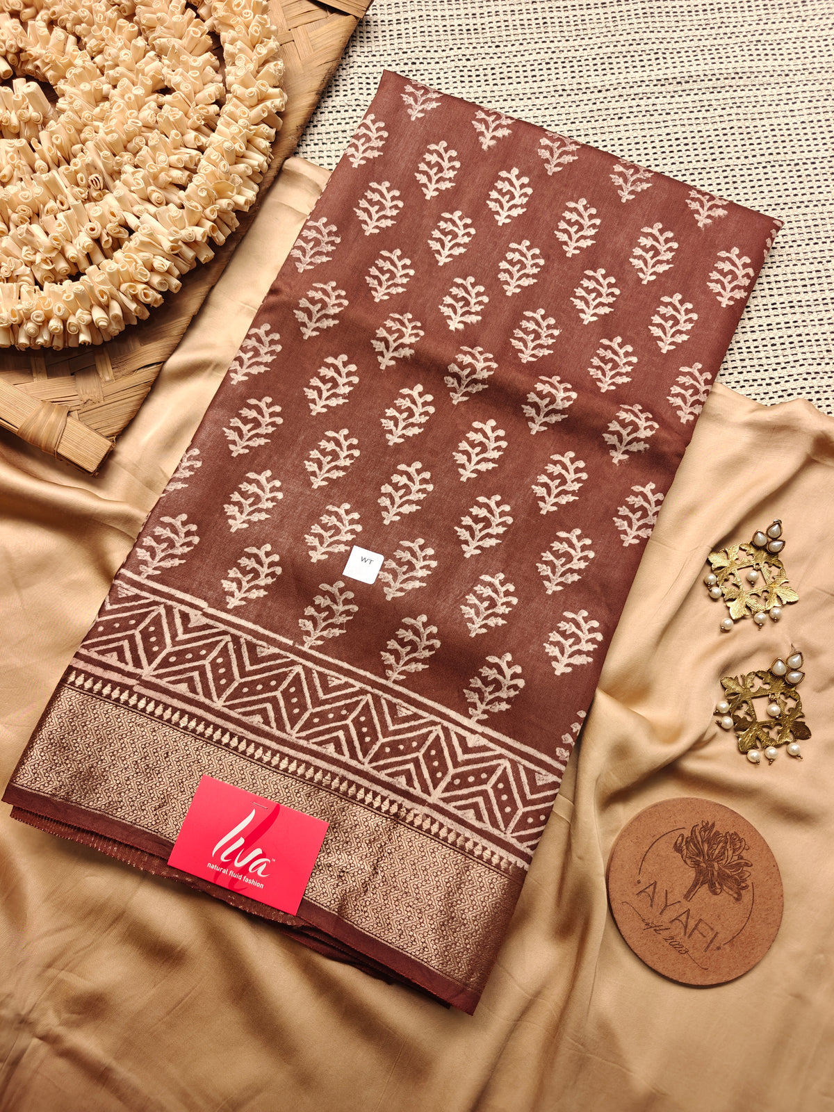 Brown Handblock Printed Maheshwari LIVA Saree