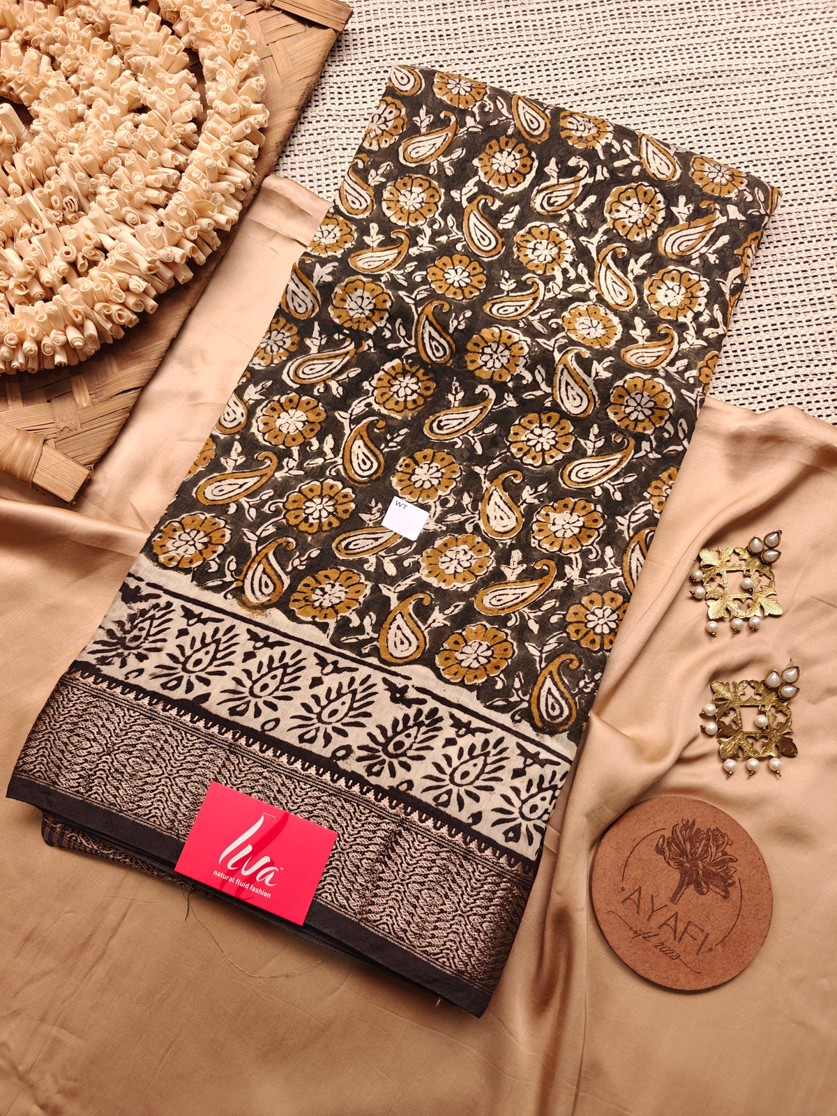 Brown Multani Ajrak Handblock Printed Maheshwari LIVA Saree