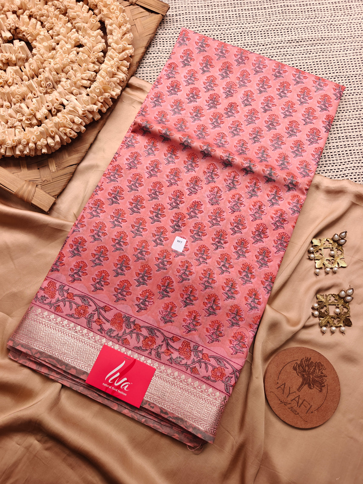 Pink Sanganeri Handblock Printed Maheshwari LIVA Saree