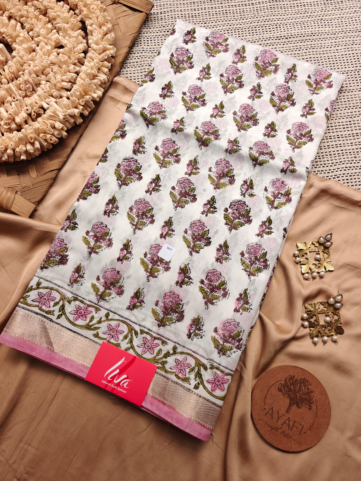 White Sanganeri Handblock Printed Maheshwari LIVA Saree