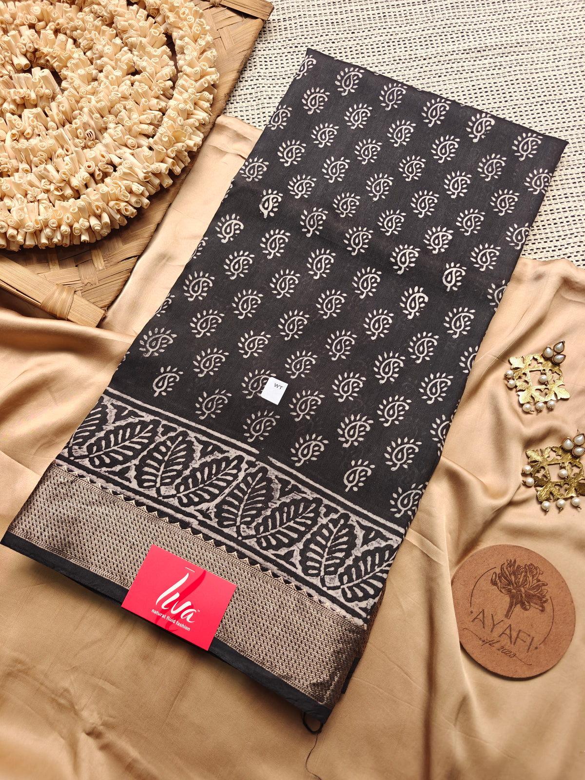 Black Handblock Printed Maheshwari LIVA Saree