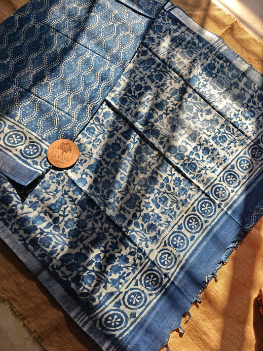 Indigo Dabu Handblock Printed Linen LIVA Saree