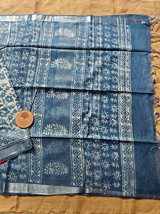 Indigo Dabu Handblock Printed Linen LIVA Saree