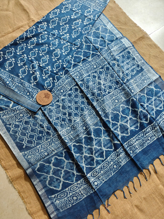 Indigo Dabu Handblock Printed Linen LIVA Saree