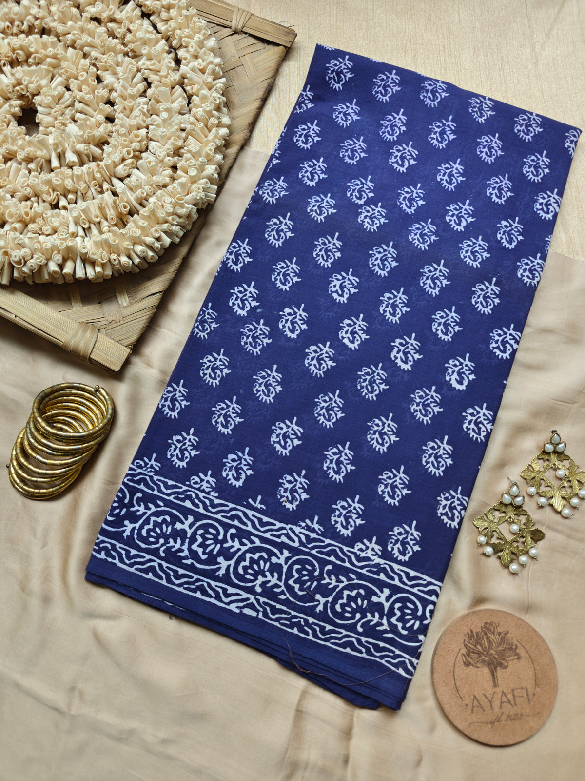 Navy Handblock Printed Mulmul Cotton Saree