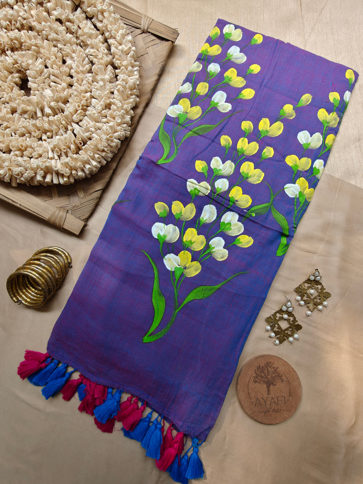 Iris Mustard Flower Hand-Painted Mulmul Saree