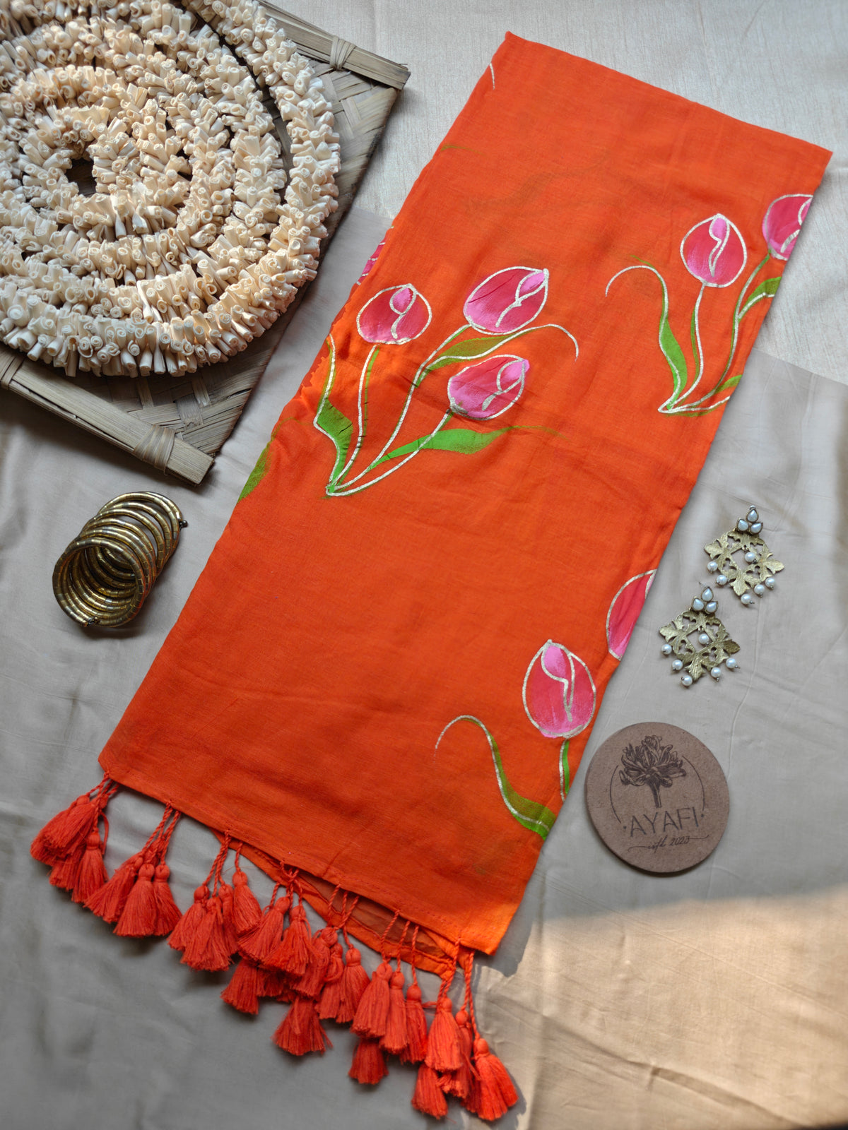 Orange Tulip Bouquet Hand-Painted Saree