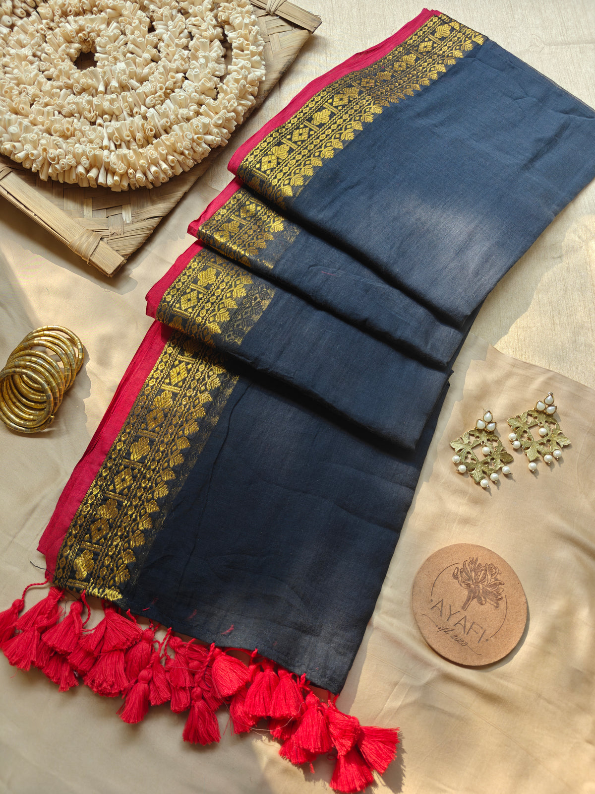 HIYA - Black-Red Jacquard Zari Border Mulmul Cotton Saree
