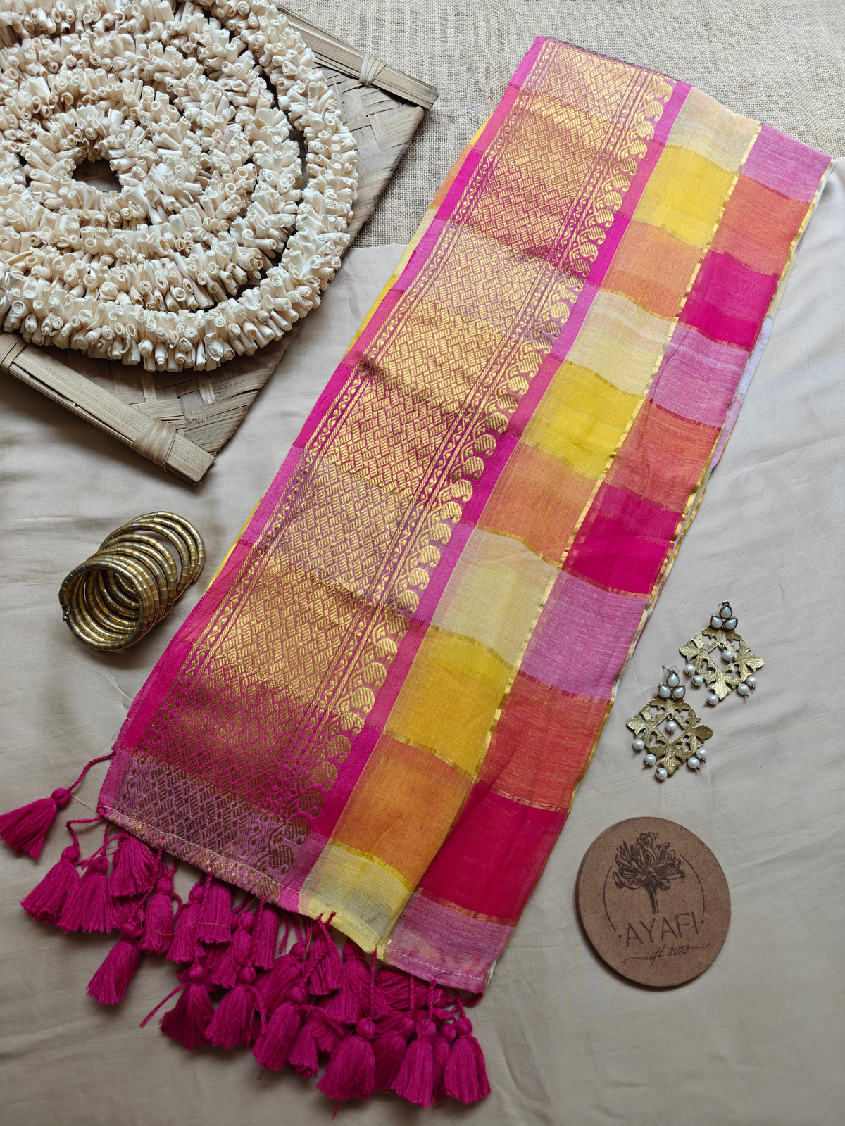 ANYA - Red-Yellow Multicolored Gold Zari Checked Multicolor MulMul Cotton Saree
