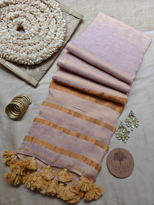 Soft Beige Striped Pallu Linen Tissue Saree