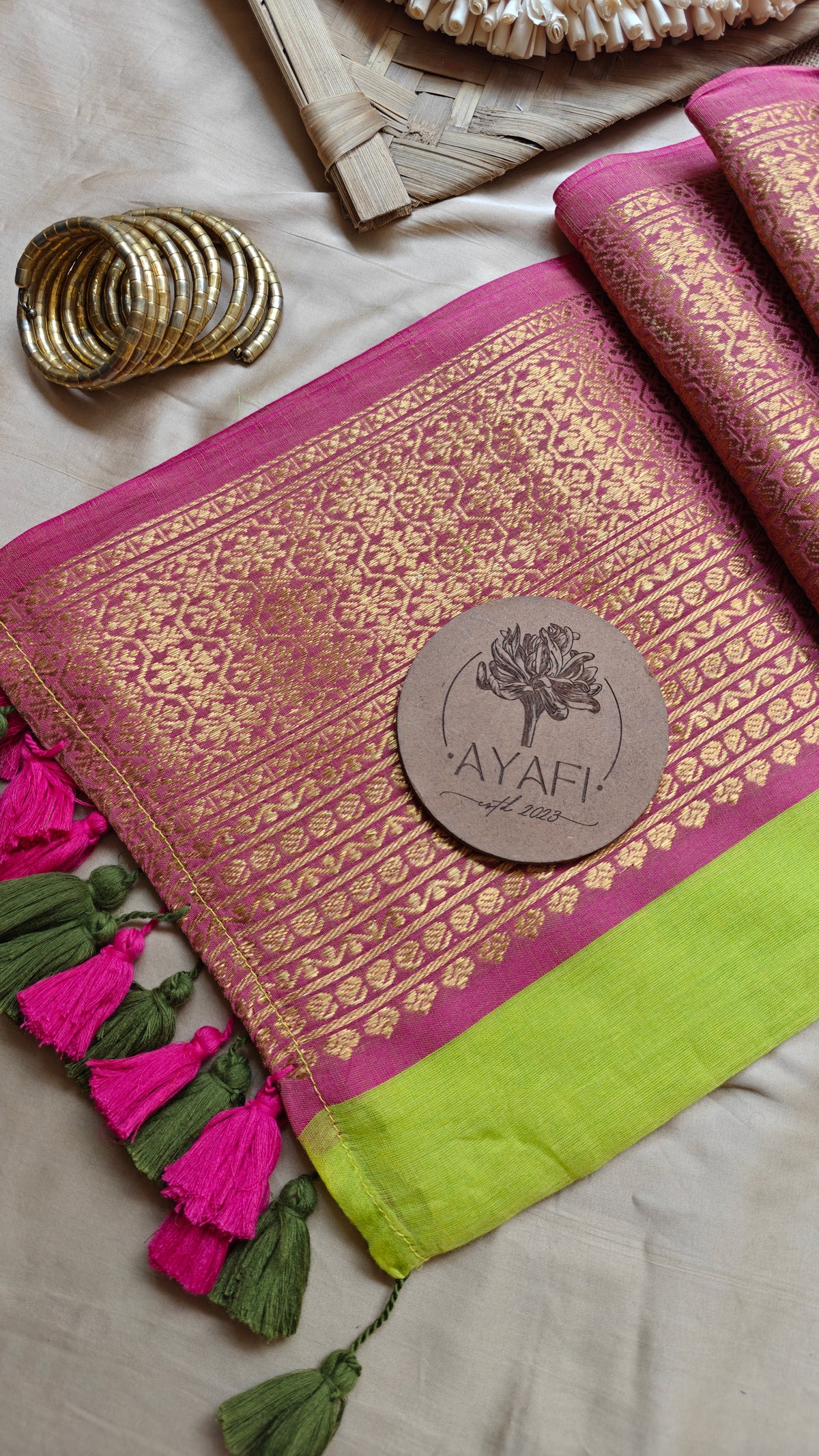 KAPILA - Green Jacquard Multicolored Zari Border Mulmul Saree