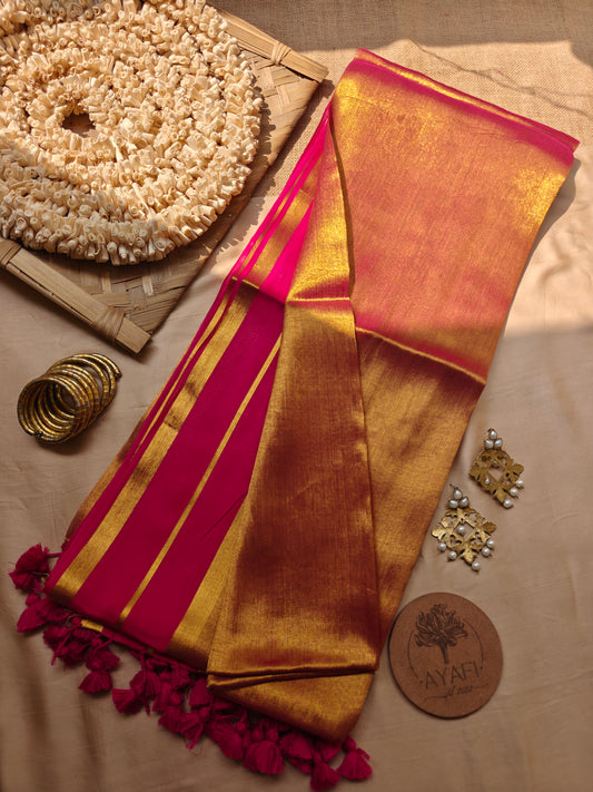 Pink Striped Zari Border Mul Tissue Saree