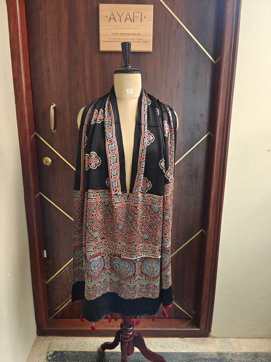 Black Handblock Printed Modal Ajrakh Stole