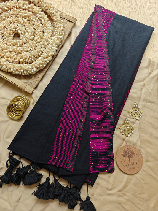 Black Sequin Striped Pallu Modal Cotton Saree