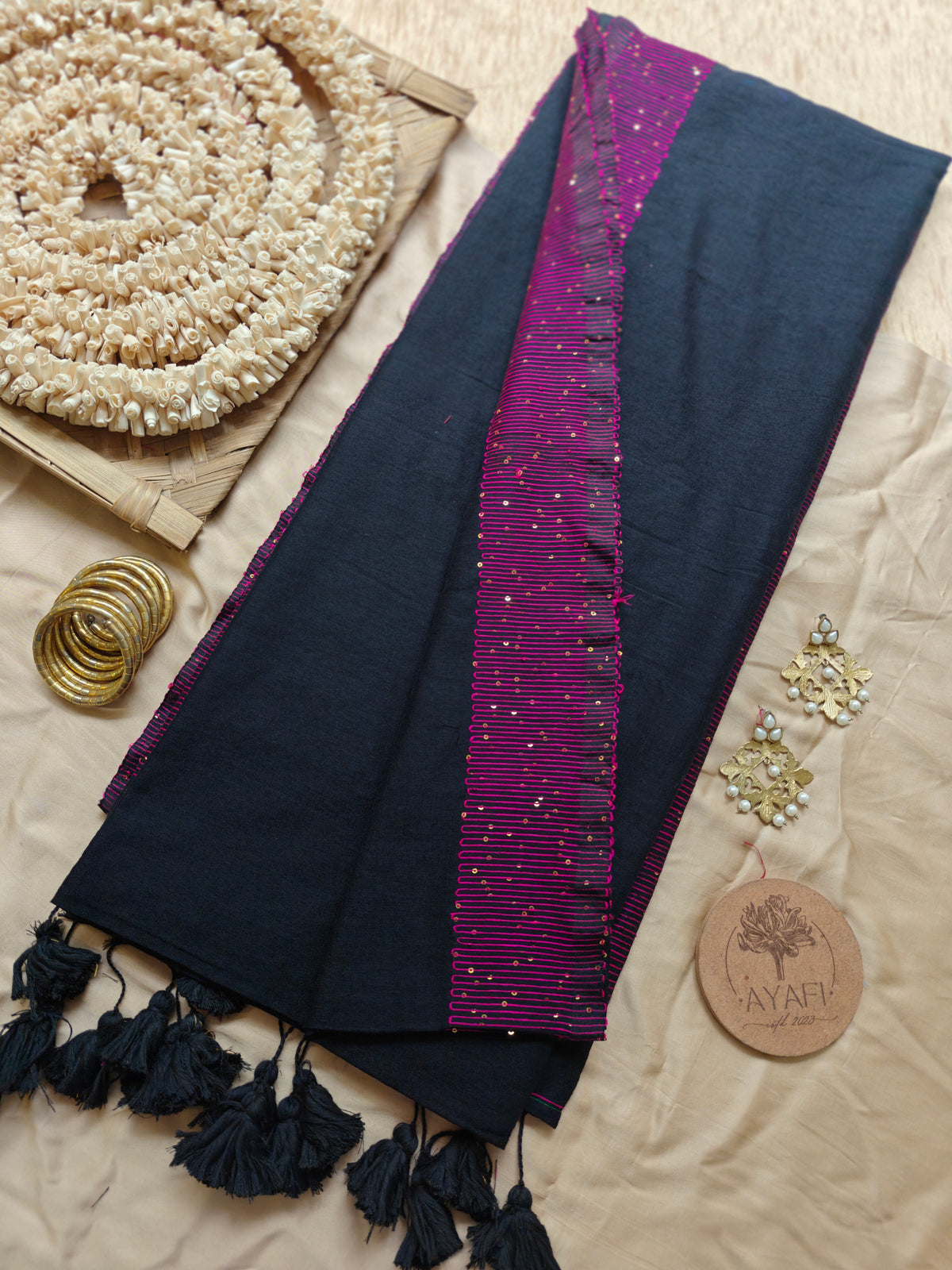 Black Sequin Striped Pallu Modal Cotton Saree