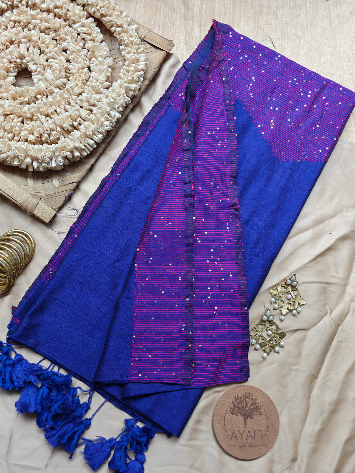 Blue Sequin Striped Pallu Modal Cotton Saree