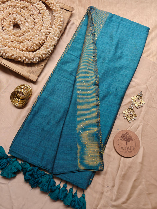 Rama Green Sequin Striped Pallu Modal Cotton Saree