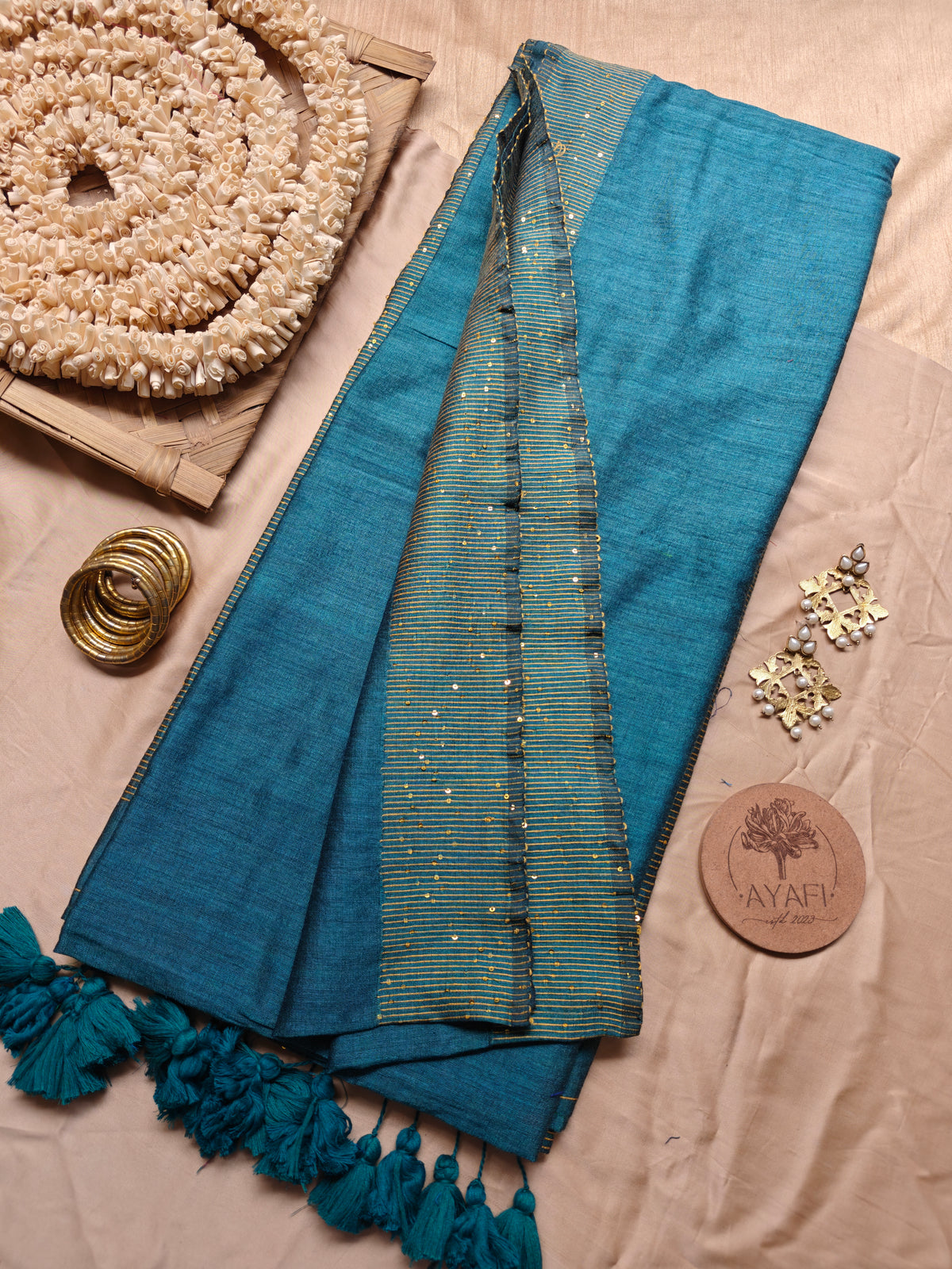 Rama Green Sequin Striped Pallu Modal Cotton Saree