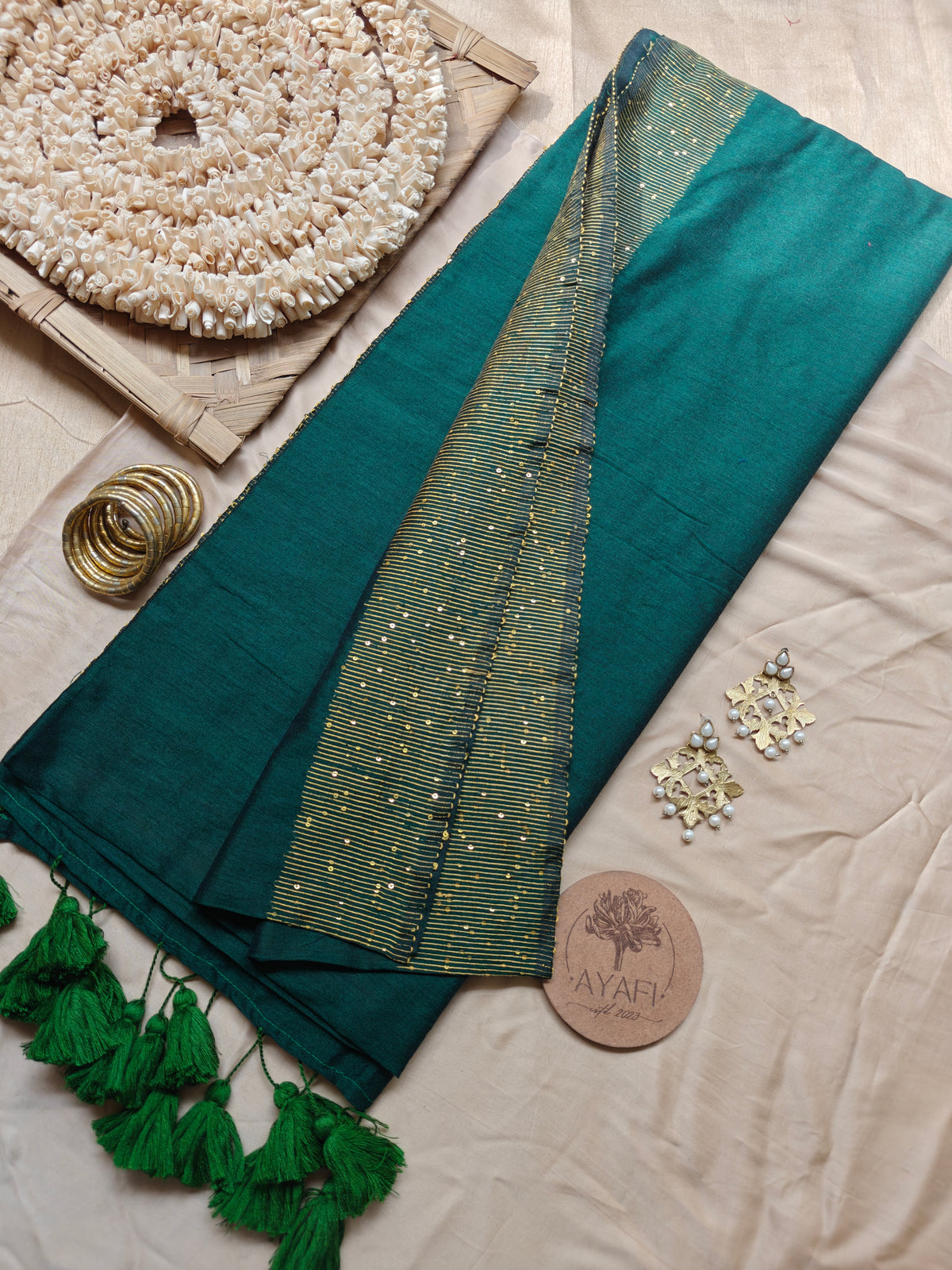 Bottle Green Sequin Striped Pallu Modal Cotton Saree