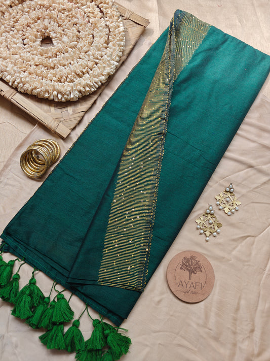 Bottle Green Sequin Striped Pallu Modal Cotton Saree
