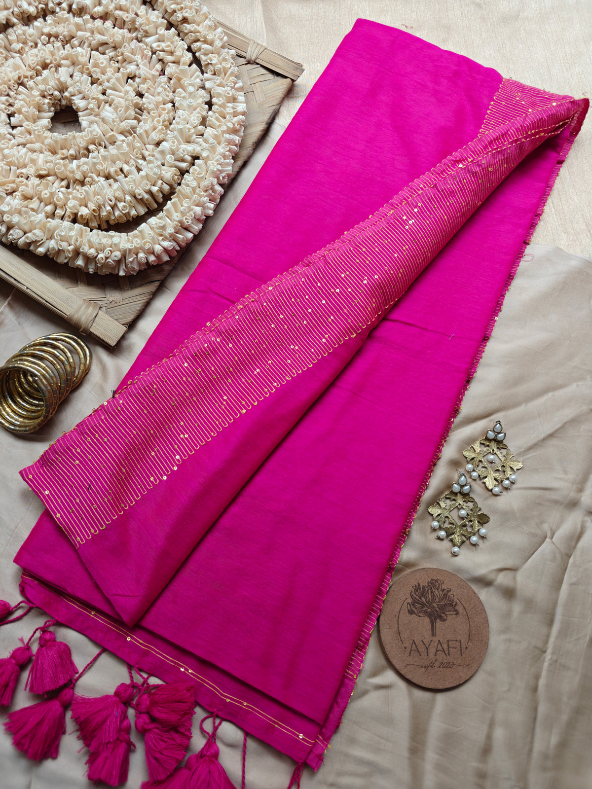 Dark Pink Sequin Striped Pallu Modal Cotton Saree
