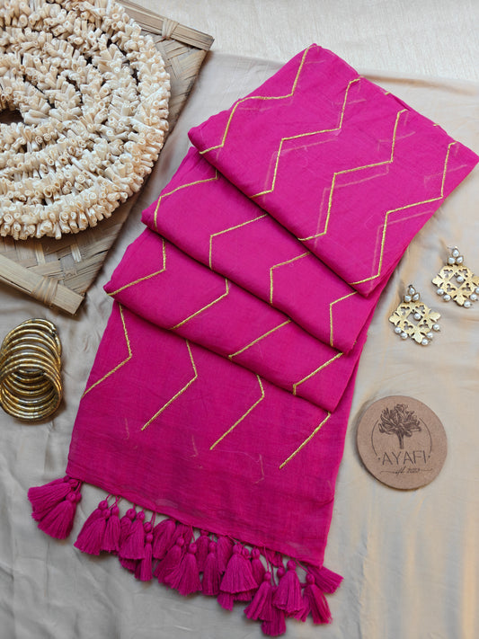 Rani Pink Chevron Embroidery Mulmul Cotton Saree