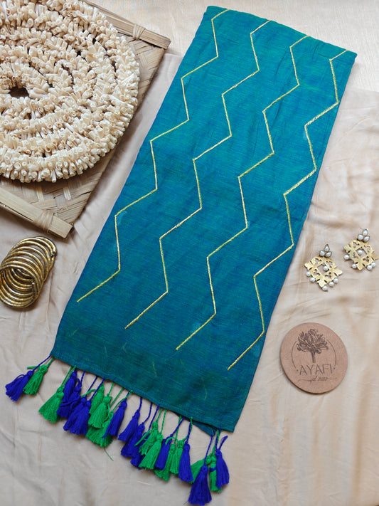 Green Chevron Embroidery Mulmul Cotton Saree