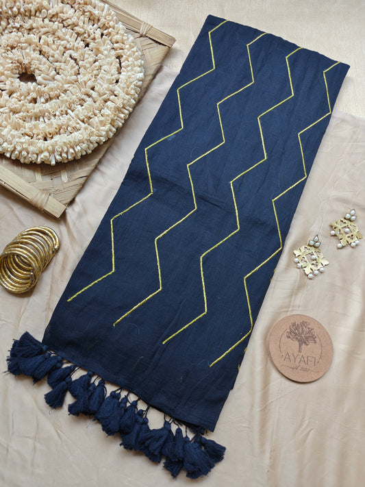 Black Chevron Embroidery Mulmul Cotton Saree