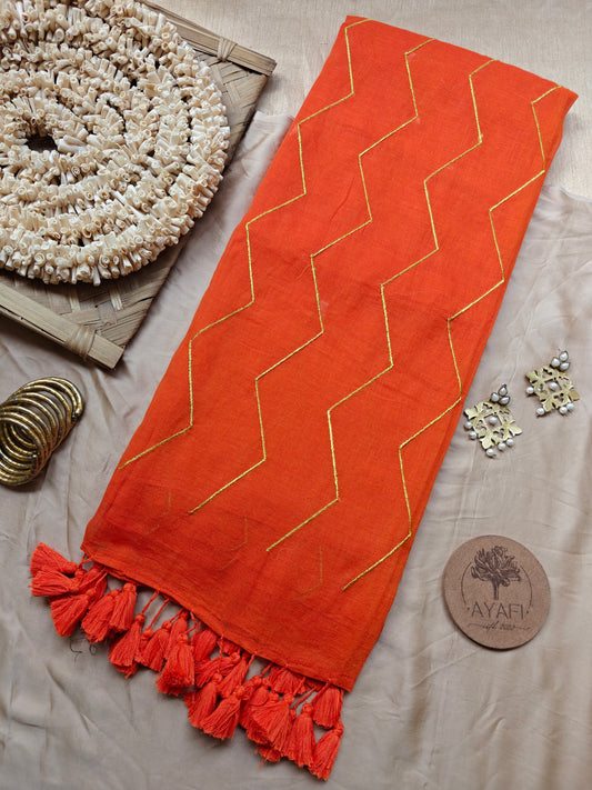 Orange Chevron Embroidery Mulmul Cotton Saree