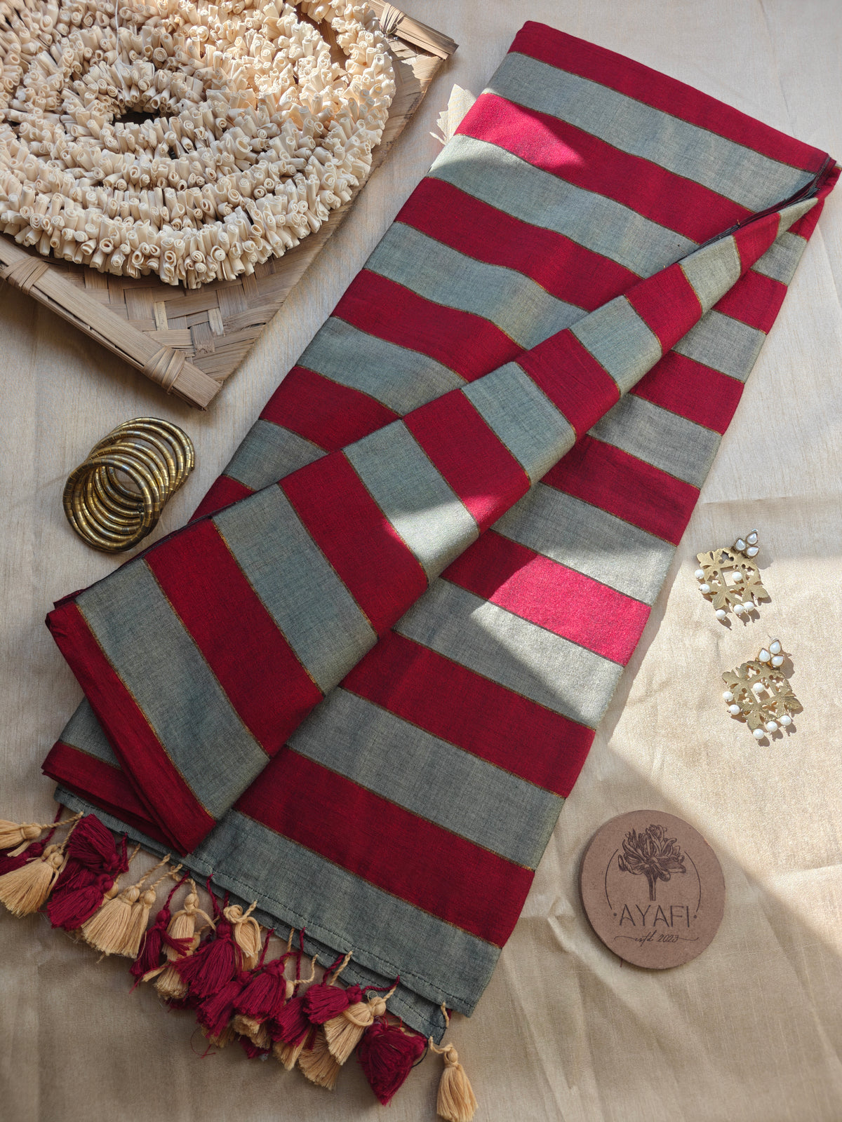 Grey-Maroon Zari Stripe Modal Cotton Saree