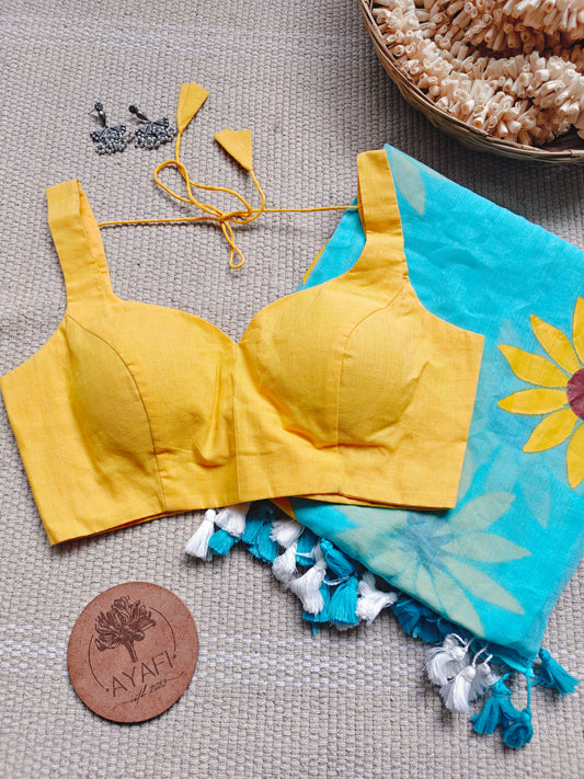 Yellow Cotton Leaf Neck Sleeveless Blouse