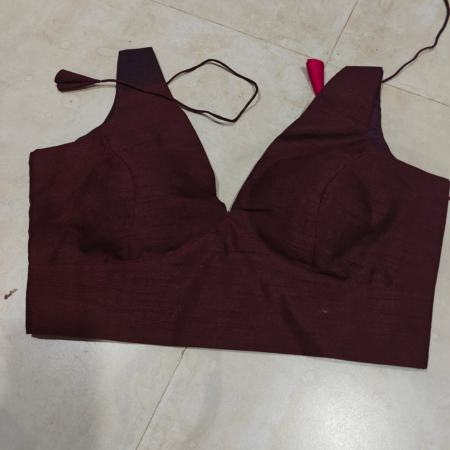 Dark Brown Raw Silk V-Neck Belted Sleeveless Blouse