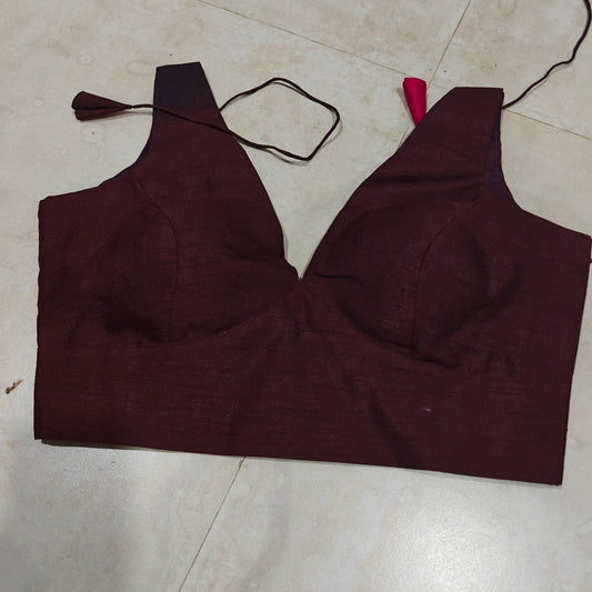 Dark Brown Raw Silk V-Neck Belted Sleeveless Blouse