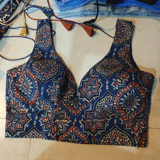 Indigo Ajrakh Printed Cotton Leaf Neck Belted Sleeveless Blouse