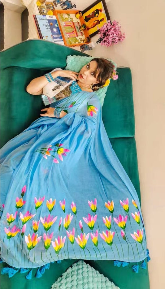Sky Water Lilly Hand-Painted Saree