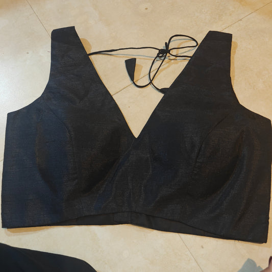 Black Raw Silk V-Neck Sleeveless Blouse