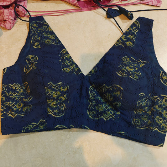 Blue Ajrakh Hakoba Cotton V-Neck Sleeveless Blouse