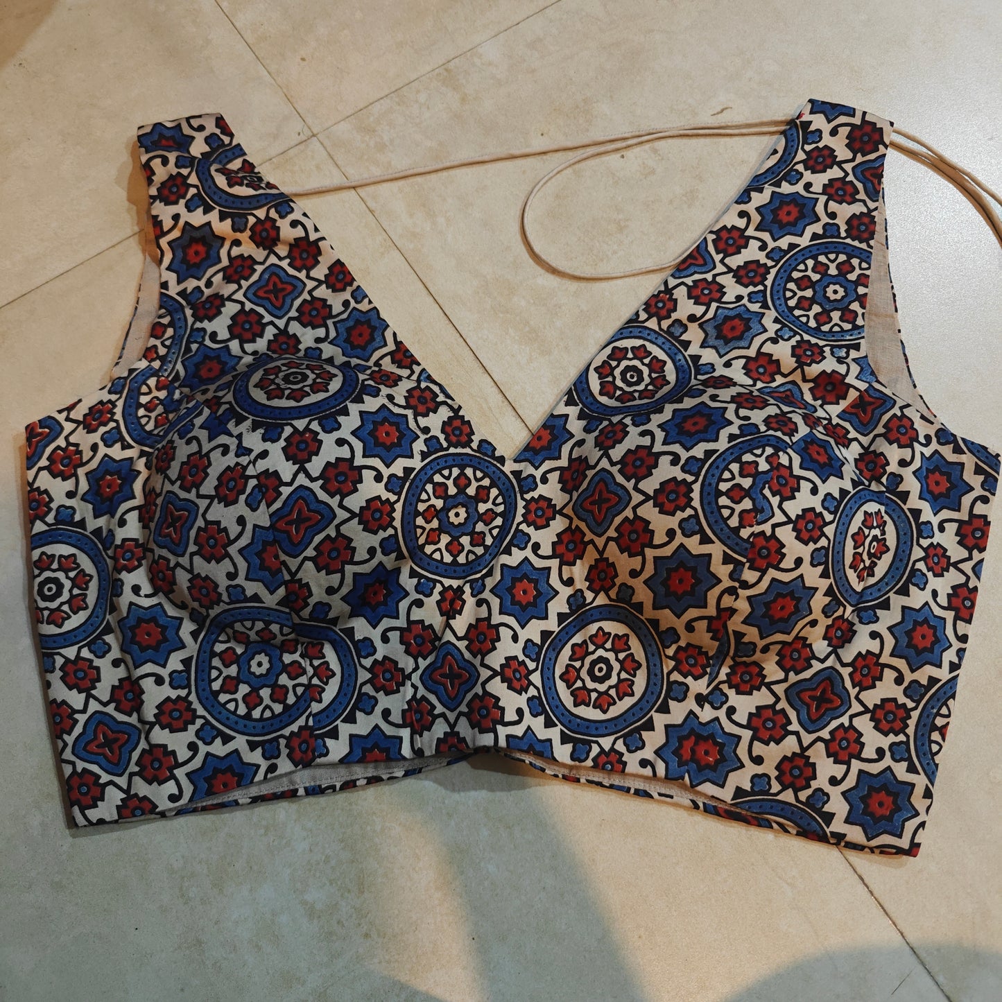 Beige Ajrakh Modal Silk V-Neck Sleeveless Blouse