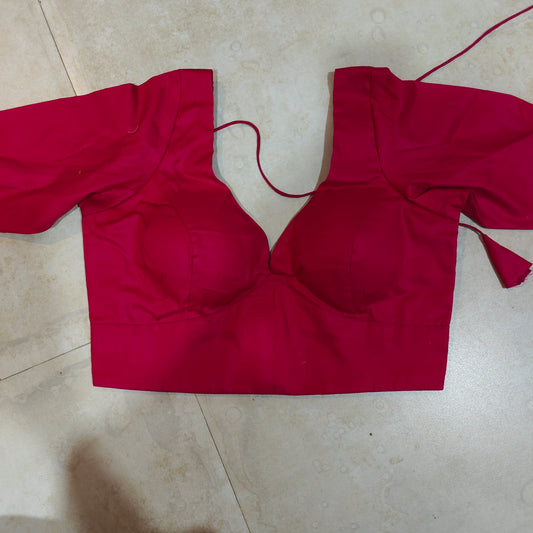 Pink Cotton Leaf Neck Belted Princess Cut Elbow Sleeves Blouse