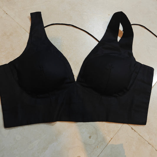 Black Cotton Leaf Neck Sleeveless Blouse
