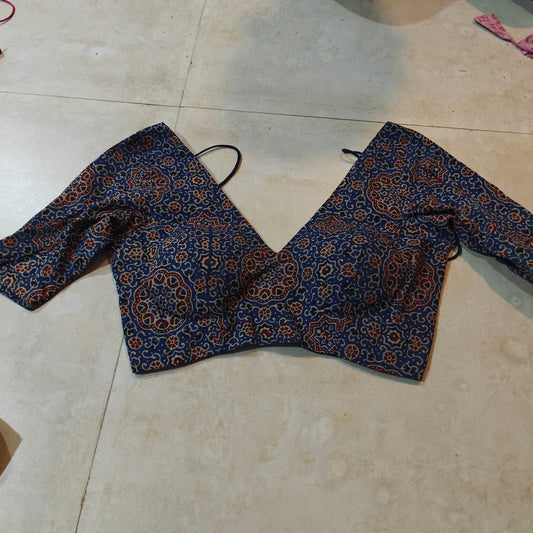 Indigo Ajrakh Cotton V Neck Elbow Sleeves Blouse