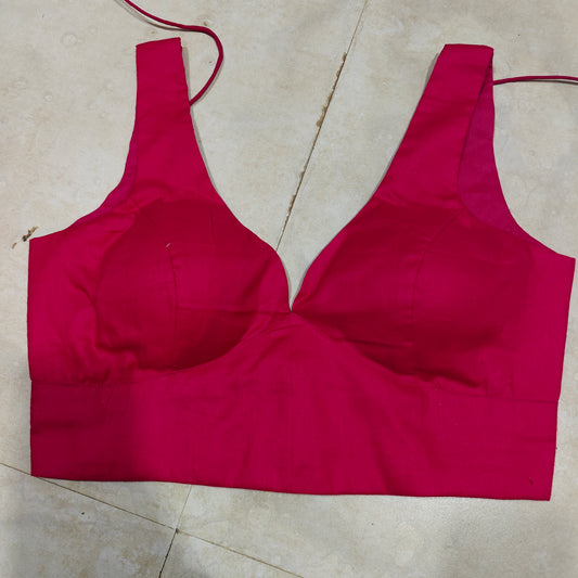 Pink Cotton Leaf Neck Belted Princess Cut Sleevesless Blouse