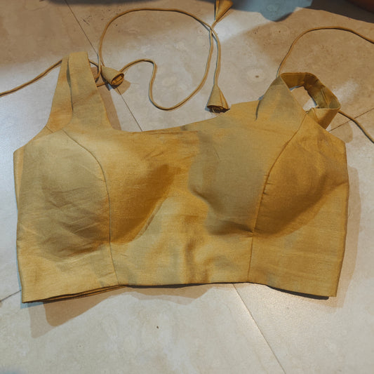 Golden Raw Silk U-Neck Sleeveless Blouse