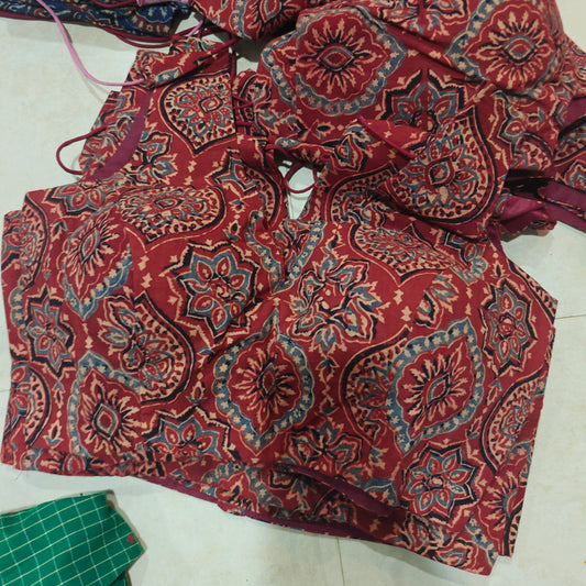 Red Ajrakh Cotton V-Neck Sleeveless Blouse