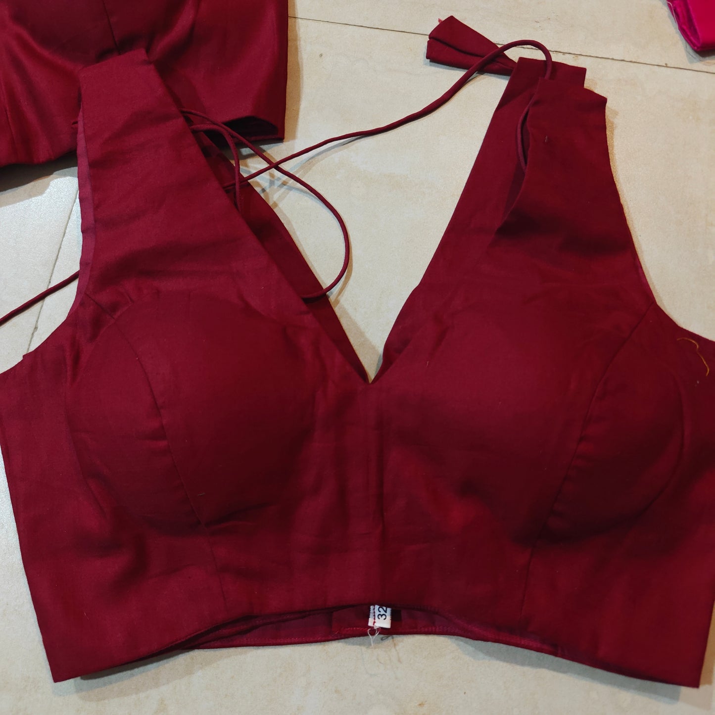 Maroon Cotton V-Neck Belted Sleeveless Blouse