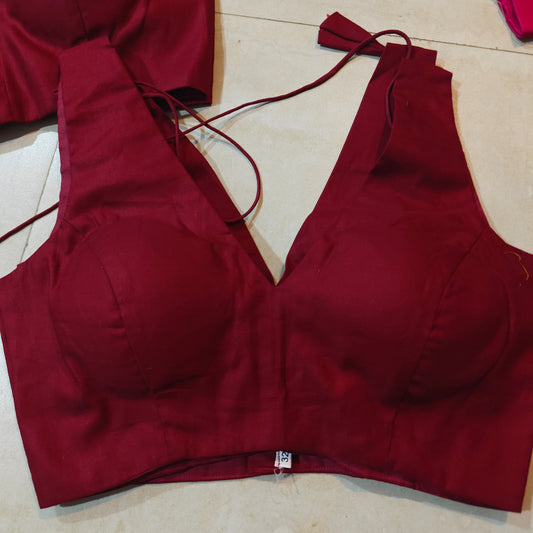 Maroon Cotton V-Neck Belted Sleeveless Blouse