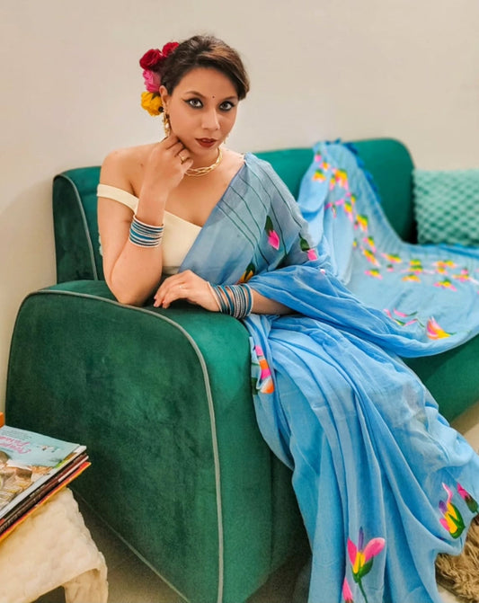 Sky Water Lilly Hand-Painted Saree