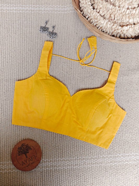 Yellow Cotton Leaf Neck Sleeveless Blouse
