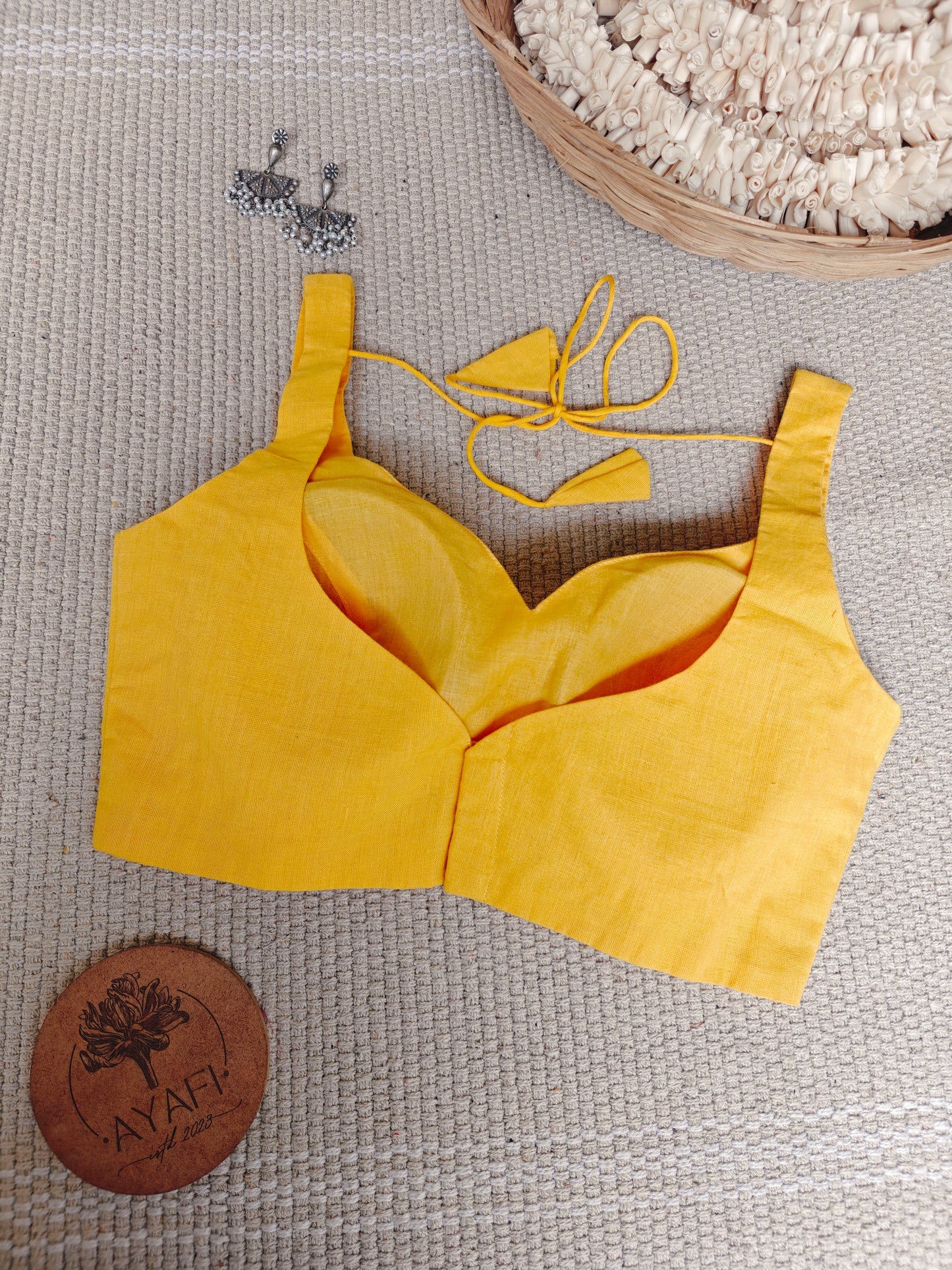 Yellow Cotton Leaf Neck Sleeveless Blouse